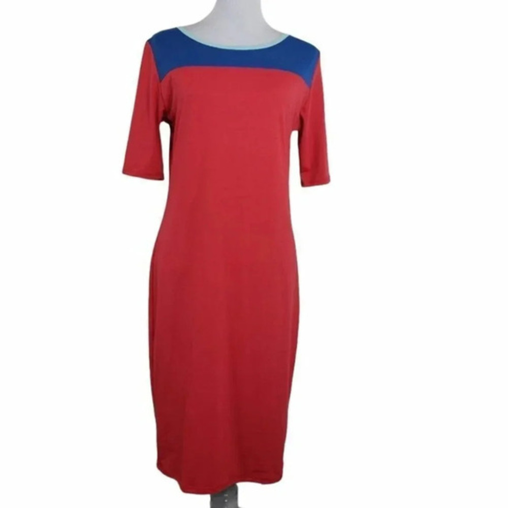 LuLaRoe Julia Dress Large Red Blue Colorblock Short Sleeve Midi Sheath Stretch